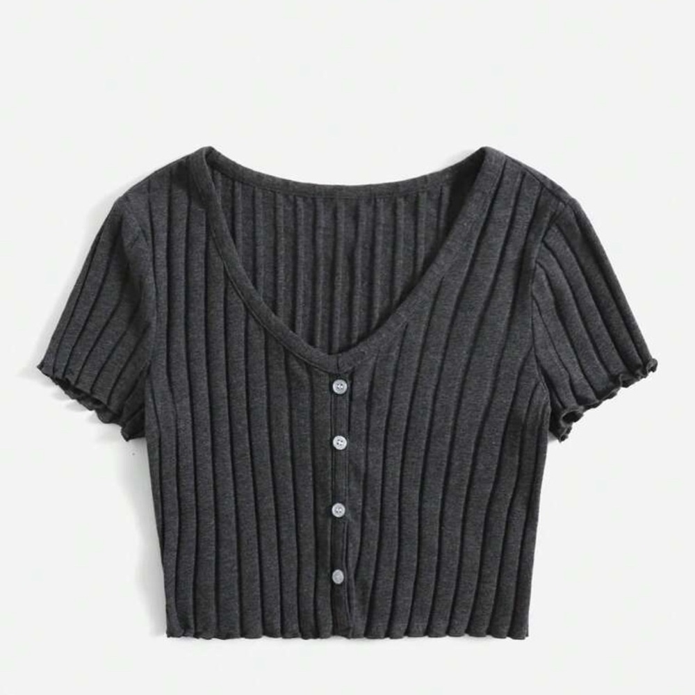Charcoal Ribbed Button-Up Crop Top
